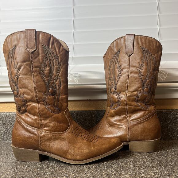 Coconuts Womens 9 M Western Cowboy Boots Brown Embossed Faux Leather Pointed Toe - Picture 3 of 11